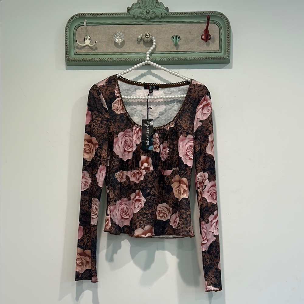 Delia’s Dolls Kill rose mocha Floral Long Sleeve Top women’s size large new